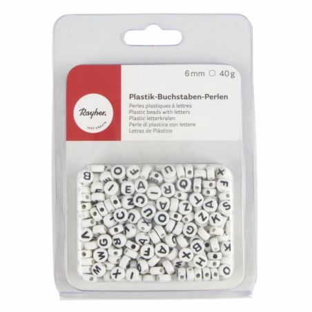 PERLES ACRYLIQUES RONDES EN PLASTIQUE BLANC AVEC LETTRES NOIR 6MM 40G RAYHER