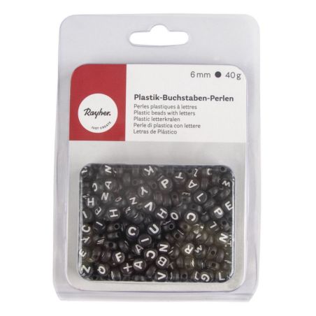 PERLES ACRYLIQUES RONDES EN PLASTIQUE NOIR AVEC LETTRES BLANC 6MM 40G RAYHER