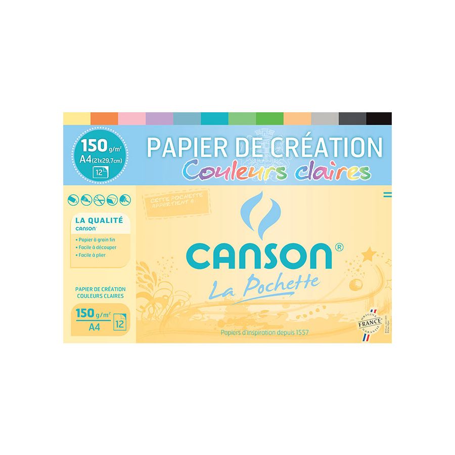 POCHETTE CANSON 12 FEUILLES  PAPIER CREATION COULEURS CLAIRES A4 150G IM#11637