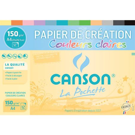 POCHETTE CANSON 12 FEUILLES  PAPIER CREATION COULEURS CLAIRES A4 150G