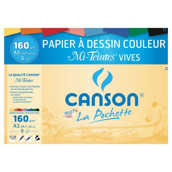 POCHETTE CANSON 8 FEUILLES MI-TEINTES ASSORTIES  A3 160G IM#11638