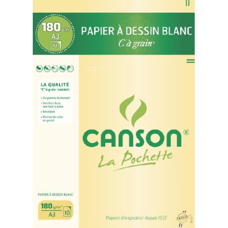 POCHETTE CANSON C A GRAIN 12 FEUILLES A3 180G  BLANC