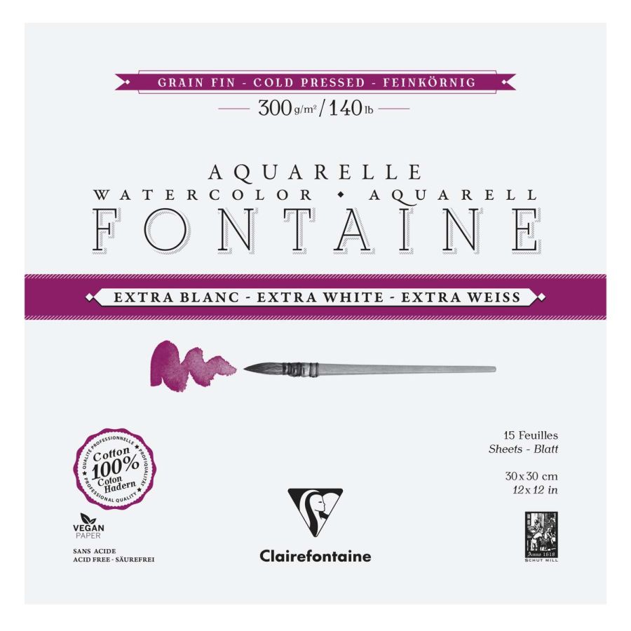 BLOC FONTAINE AQUARELLE EXTRA-BLANC GRAIN FIN 30X30CM 15 FEUILLES 300G