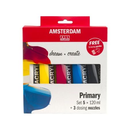 AMSTERDAM SET DE 5 ACRYLICS 120 ML COULEURS PRIMAIRES + 3 BECS VERSEURS