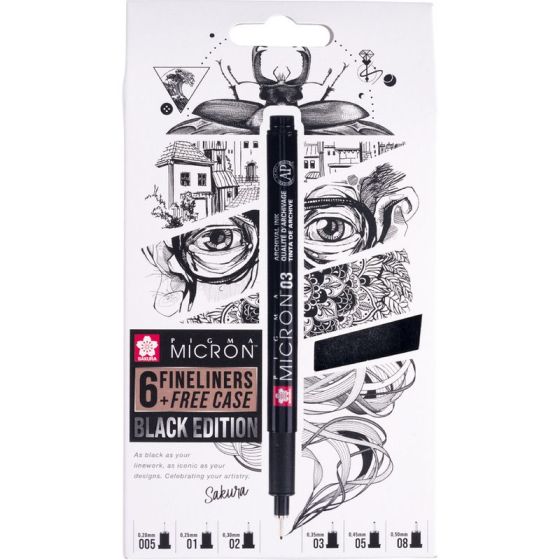 SET PIGMA MICRON BLACK EDITION + ÉTUI À STYLO OFFERT 6 TAILLES, NOIR