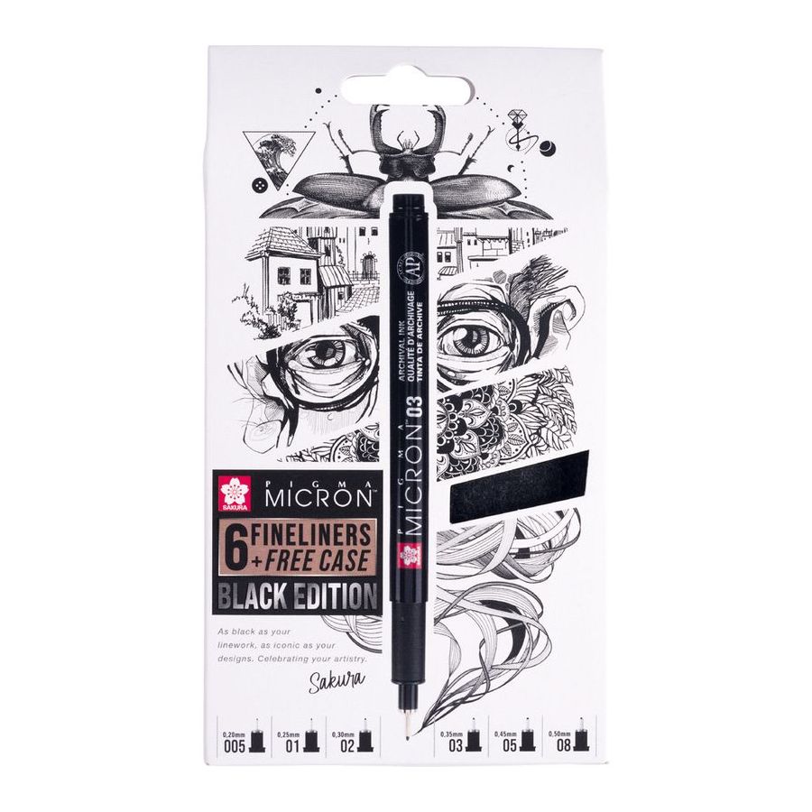 SET PIGMA MICRON BLACK EDITION + ÉTUI À STYLO OFFERT 6 TAILLES, NOIR