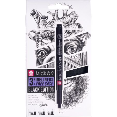 SET PIGMA MICRON BLACK EDITION + ÉTUI À STYLO OFFERT 3 TAILLES, NOIR