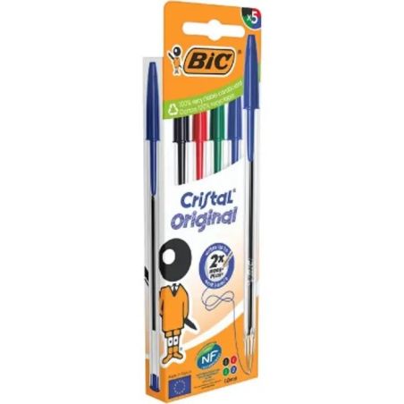 BIC CRISTAL 5 STYLOS À BILLE COULEURS ASSORTIES  1 MM POINTE MOYENNE