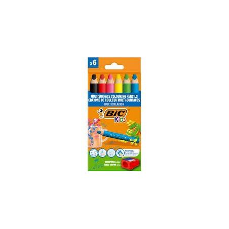 BIC 6 CRAYONS DE COULEUR MULTI+SURFACES  AVEC TAILLE CRAYON INCLUS