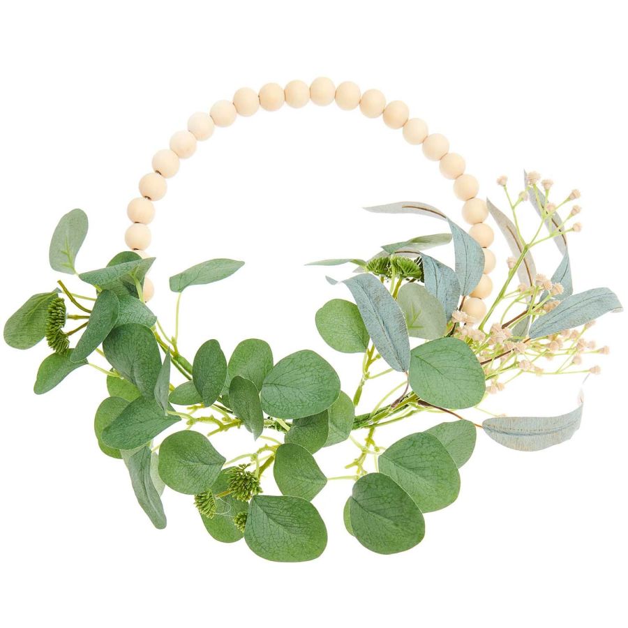 COURONNE DECO EUCALYPTUS AVEC PERLES EN BOIS DIAM 25 CM