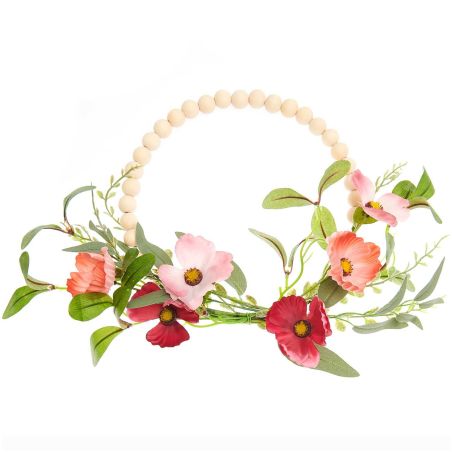 COURONNE DECO COQUELICOTS AVEC PERLES EN BOIS DIAM 25 CM