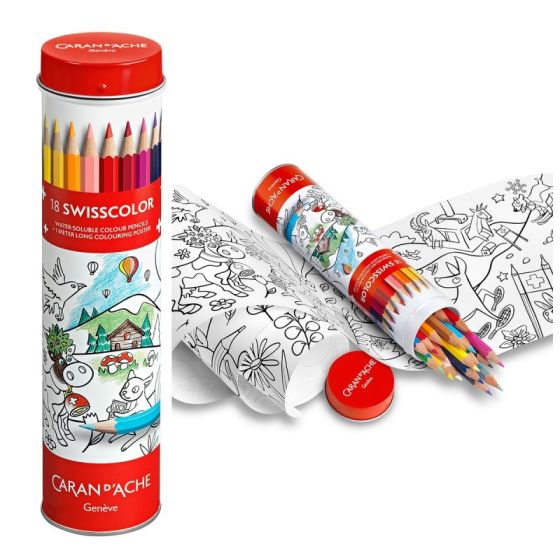 SWISSCOLOR TUBE METAL DE 18 CRAYONS AQUARELLABLES FSC + POSTER