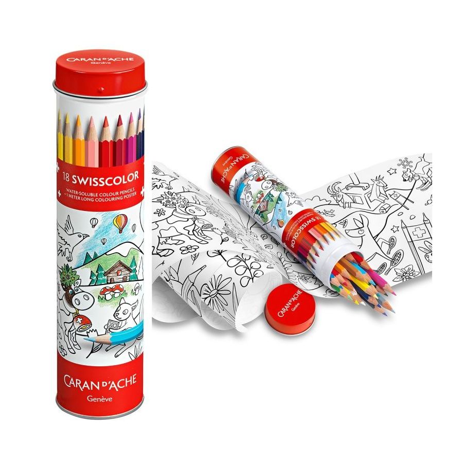 SWISSCOLOR TUBE METAL DE 18 CRAYONS AQUARELLABLES FSC + POSTER