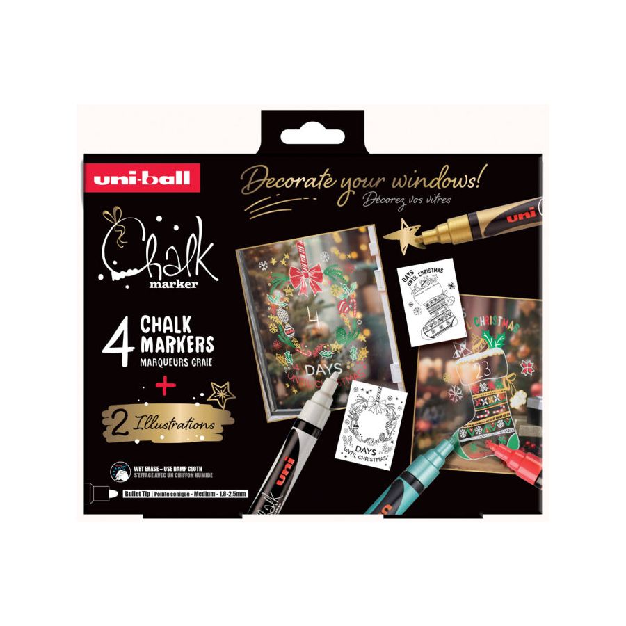 COFFRET DE NOËL CHALK MARKERS – THÈME TRADITIONNEL - 4 MARQUEURS CRAIE POINTE MEDIUM AVEC 2 ILLUSTRATIONS