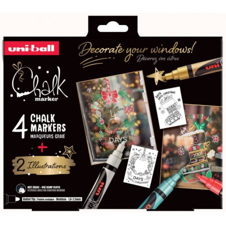 COFFRET DE NOËL CHALK MARKERS – THÈME TRADITIONNEL - 4 MARQUEURS CRAIE POINTE MEDIUM AVEC 2 ILLUSTRATIONS