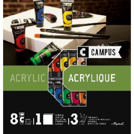 KIT ACRYLIQUE FINE CAMPUS CHASSIS GARNI 8 TUBES 21ML + 3 PINCEAUX