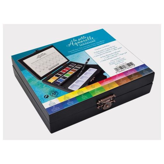 COFFRET BOIS 16 1/2 GODETS AQUARELLE FINE + ACCESSOIRES