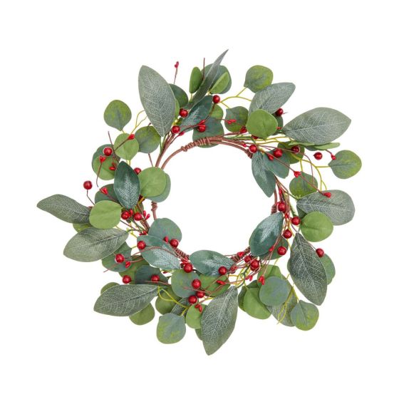 COURONNE D'EUCALYPTUS ET BAIES  ROUGES DIAM 16.5 CM