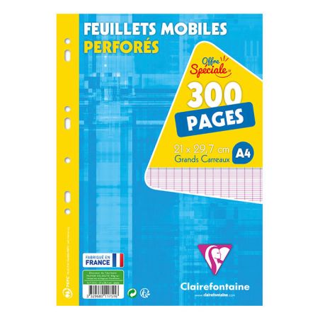 CLAIREFONTAINE FEUILLETS MOBILES PERFORES GRAND CARREAUX 300 PAGES A4