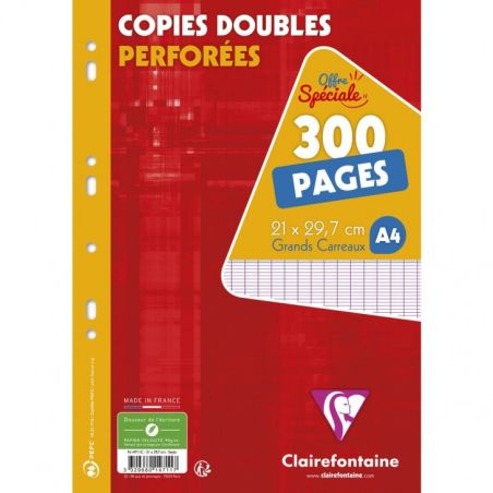 CLAIREFONTAINE 300 COPIES DOUBLES PERFOREES GRANDS CARREAUX A4