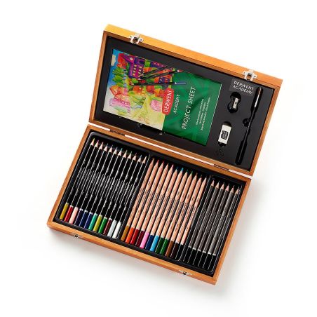 DERWENT - ACADEMY - COFFRET BOIS 30 CRAYONS DE COULEUR + ACCESSOIRES