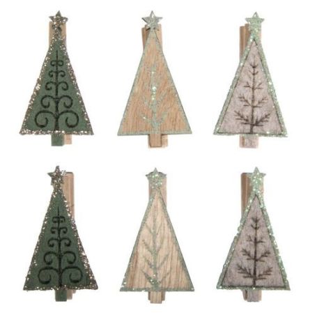 SAPIN DE NOEL FEUTRE + BOIS SUR PINCE 3 X 5,2 CM, 6 PIECES