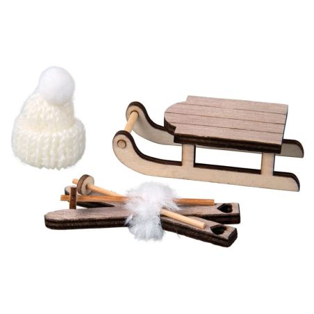 LUGE EN BOIS + SKIS + BONNET ASSORTIS, 3 PIECES