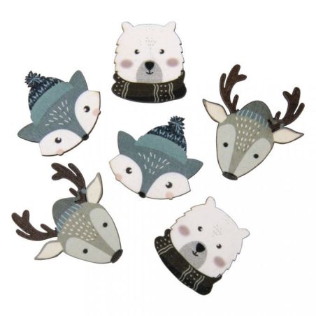 MINIATURES D'HIVER EN BOIS OURS, RENARD, RENNE 3,8-5CM, AVEC DOT ADHESIF, 6 PIECES