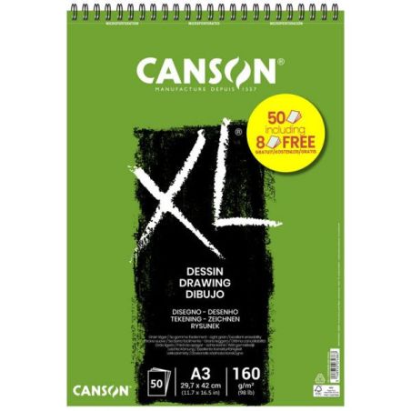 BLOC CANSON XL DESSIN A3 - 50 FEUILLES DONT 8 GRATUITES - 160G GRAIN FIN