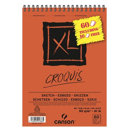 BLOC CANSON XL CROQUIS A5 - 60 FEUILLES DONT 10 GRATUITES - 90G GRAIN FIN