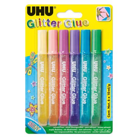 UHU COLLE PAILLETEE SET DE 6 CRAYONS ASSORTIS FLUO DE 10ML