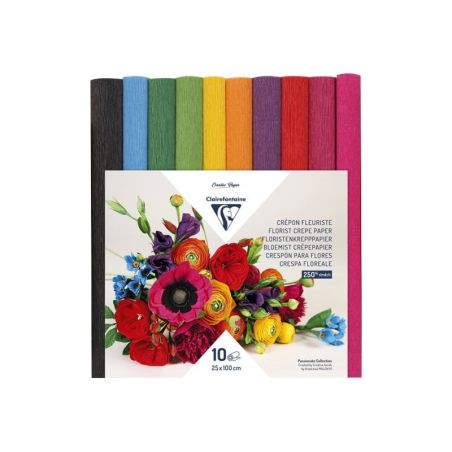 LOT DE 10 ROULEAUX CREPON FLEURISTE COULEURS VIVES CLAIREFONTAINE