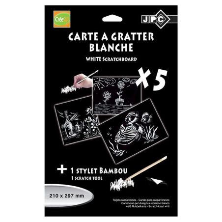 SACHET DE 5 CARTES A GRATTER A4 BLANC + 1 STYLET BAMBOU