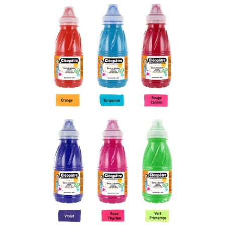 LOT 6 FLACONS 250ML ENCRE A DESSINER  ORANGE/TURQUOISE/ROUGE/VIOLET/ROSE/VERT